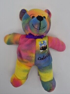 Rainbow Colorado Plush Bear with Purple Bow